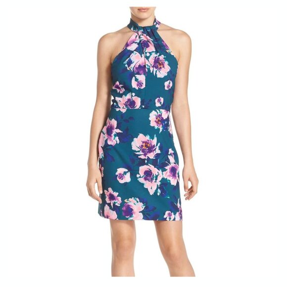 Charles Henry Blue Watercolor Floral Halter Dress - Picture 1 of 5